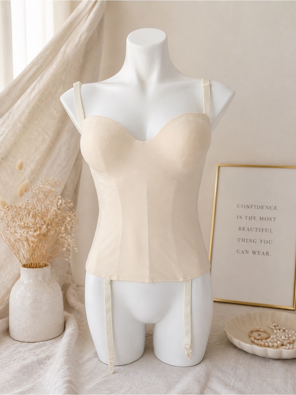 Vintage Carnival Longline Bustier Corset 36C Ivory Nylon Garter Straps Style 426